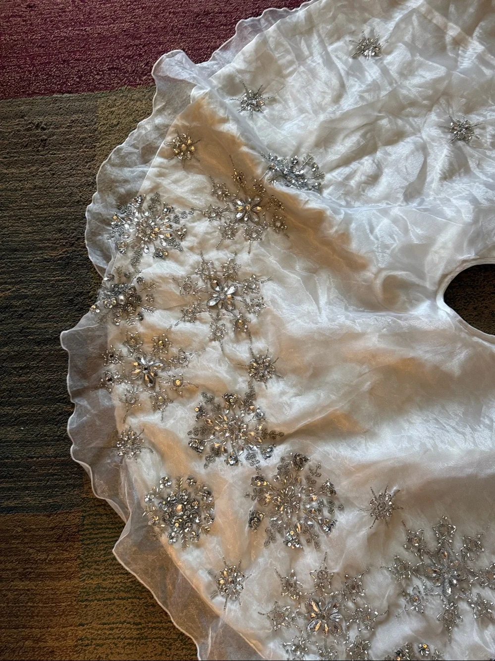 Pier 1 pale grey/silver Beaded Tulle Tree Skirt with Snowflake Embellishments